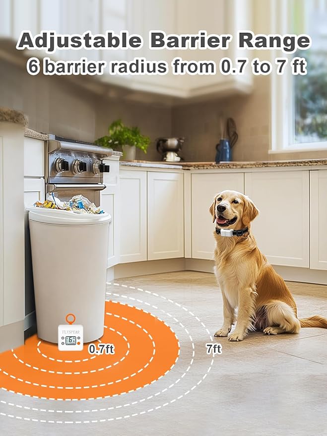 FLYSPEAR Wireless Pet Barrier - Rechargeable Indoor Pet Barrier with 6 Adjustable Range Radius up to 7 ft, 6 Adjustable Safe Static Intensity, Electric Fence System for Dog with Hook