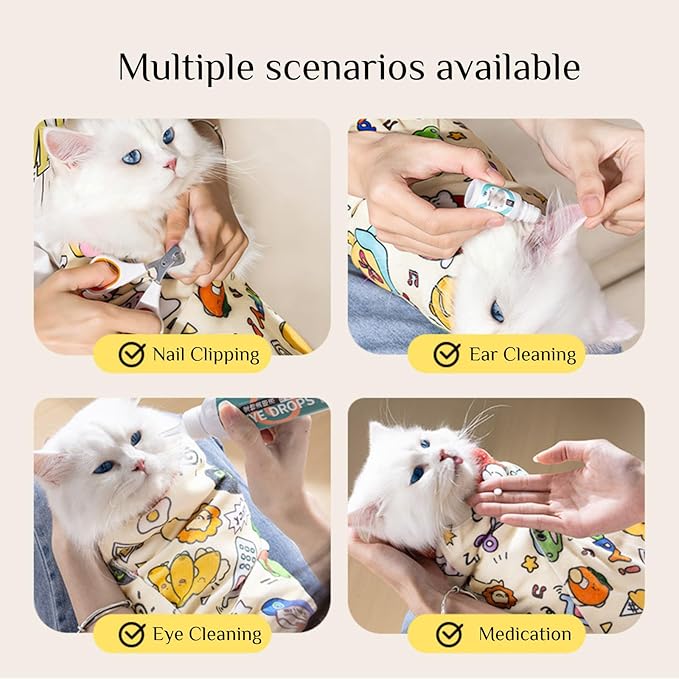 Cat Grooming Wrap, Pet Restraint Bag Cat Wrap for Stress-Free Nail Clipping Anti-Scratch Anti-Escape Multifunctional Care Pet Tool(White,S)