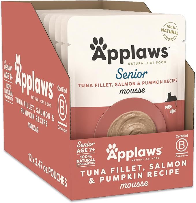 Applaws Senior Natural Wet Cat Food in Mousse, Limited and Natural Ingredients, High Protein with No Artificial Additives, Tuna Fillet, Salmon & Pumpkin (12 x 2.47oz Pouches)