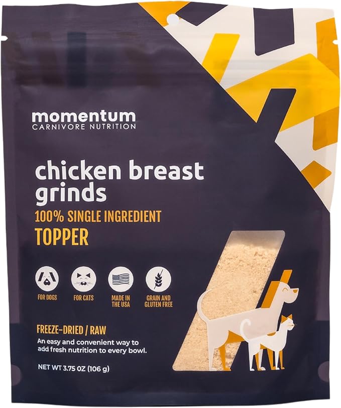 Momentum Carnivore Nutrition Freeze-Dried Chicken Breast Pet Food Topper – Single-Ingredient, All-Natural Topper – High-Protein for Dogs and Cats, Grain-Free and Made in The USA– (3.75 oz Bag)