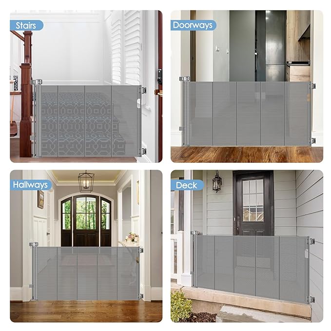 Reinforced Retractable Baby Gates with Support Rods, Retractable Gate for Babies and Pets Prevent Bottom Crawling Through, Extends up to 55” Wide, Mesh Dog Gate for The House Indoor Outdoor, Gray