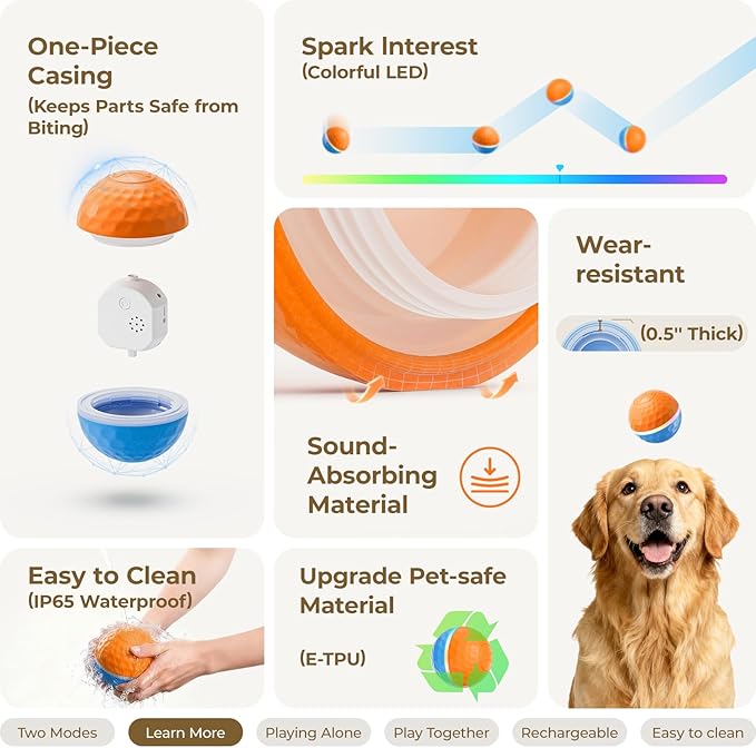 Apasiri Interactive Dog Toys (3.74 in Diameter): Duraspin Dog Ball with LED Lights, Automatic Moving Dog Toys for Aggressive Chewers, Dog Toys for Large Dogs, Vibrating Dog Toy Balls for Small, Medium