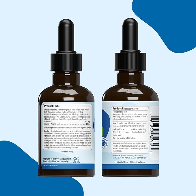 Pet Wellbeing Lung Gold for Cats - Lung Immune Support, Lower Respiratory Health, Open Airways, Normal Breathing, Reishi, Coptis - Veterinarian-Formulated Herbal Supplement - 2 oz (59 ml)