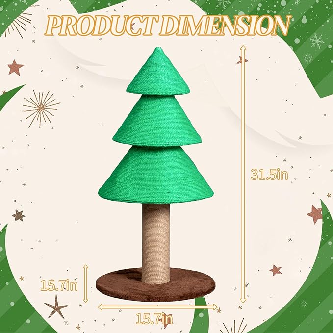 31.5in Christmas Tree Cat Scratcher, Cats Scratching Post Christmas Cat Trees for Adult,Cat Scratching Post for Indoor, Large Sisal Cat Scratching Tower (Green)
