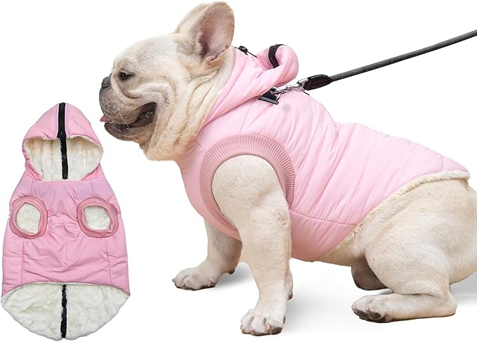 Fleece Lining Dog Hoodie with Harness Built in,Extra Warm Medium Dog Jacket in Winter Doggie Coats with Hooded,Light Pink XL