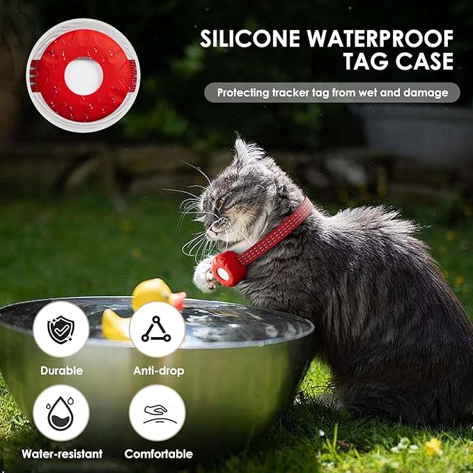 GPS Tracker for Cats, Cat Tracker, Compatible with Apple Find My App (Only iOS), No Monthly Fee, Waterproof, Breakaway Collar Included (White Tracker, Red Cat Collar)