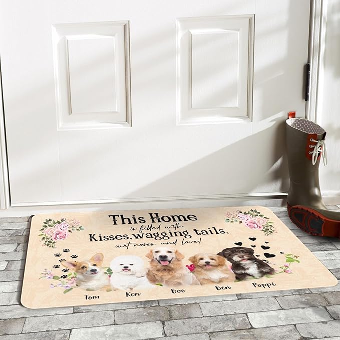 Personalized Dog Cat Doormat, Personalized Gift for Dog Lovers, Dog Dad, Dog Mom,Custom Pet Door Mat for Outdoor,Indoor,Floral Home Door Mat-24x16inch(Up to 5 Dog)