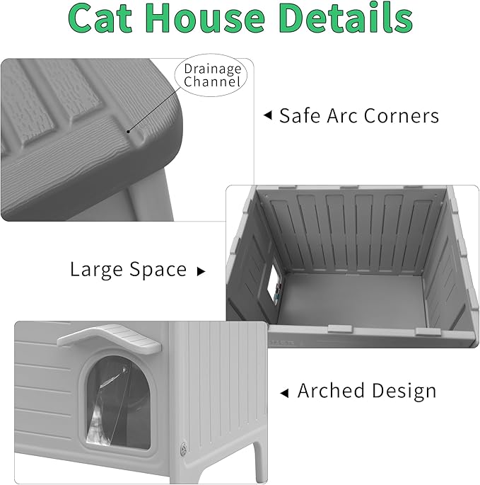 Rockever Insulated Outdoor Cat House, Waterproof Cat House for Outdoor Cats with Escape Door, Plastic Feral Cat House Outdoor Indoor, Spacious and Clean Easily (Grey,L)
