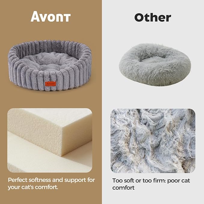 Avont Fluffy Cat Bed for Indoor Cats, Cozy Plush Sleeping Nest for All Sleep Styles, Washable Removable Cushion & Anti-Slip Base, Calming Round Bed for Kittens & Small Dogs – Grey(S)