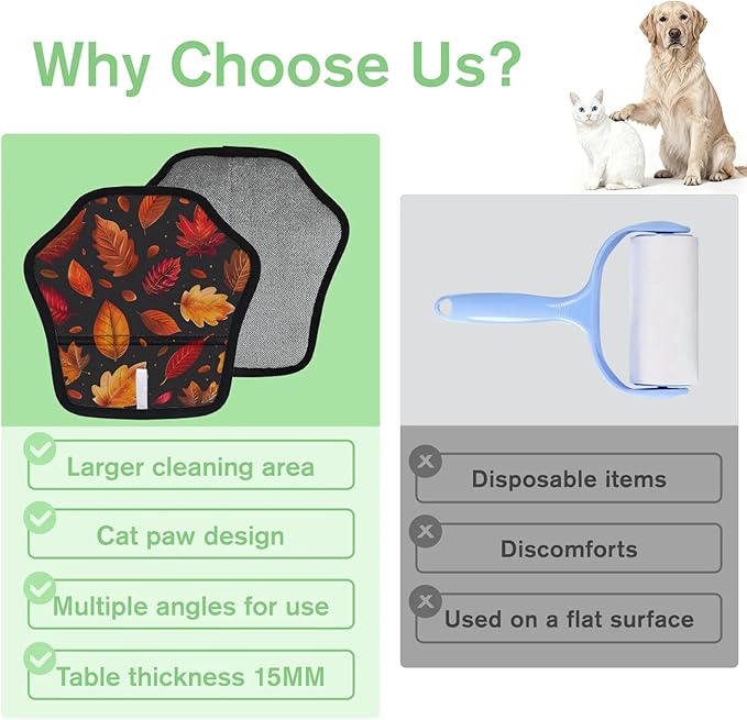Fall Leaves Theme Electrostatic Pet Hair Removal Glove for Cats & Dogs - Reusable Grooming Mitt for Couch, Carpet, Car Seat & Laundry - Large 9x9 Inch