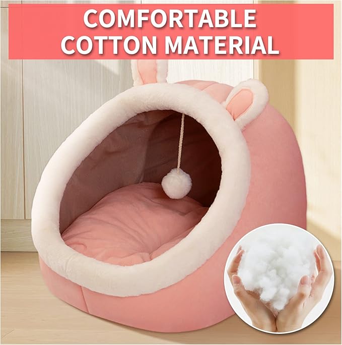 Andiker Cat Beds for Indoor Cats, Semi-Enclosed Cat Cave Bed with a Plush Ball Large Space for Cats to Sleep Soft and Comfortable Covered Cat Bed with a Washable and Detachable Mat (L, Pink)