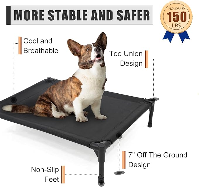 Elevated Dog Bed for Medium Dogs, Raised Dog Cot Fits Up to 150 LBs, Heavy Duty Pet Cots with Durable Supportive Teslin Recyclable Washable Mesh, Indoor & Outdoor Pet Bed, Brown