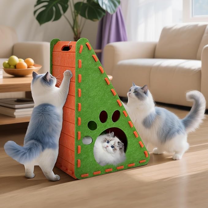 Cat Scratcher, Triangle Felt Cat Scratcher(Cat House), Vertical Integrated 3 in 1 Ramp Vertical Felt Cat Board(Green Orange)