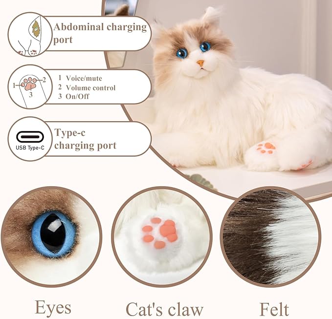 Chongker Interactive Companion Robot Cat Pets, White Cat Stuffed Animals with Small Scarf & Comb, Voice Response, Realistic Heartbeat, Purring Sounds, Gifts for Parents, Seniors, Adults