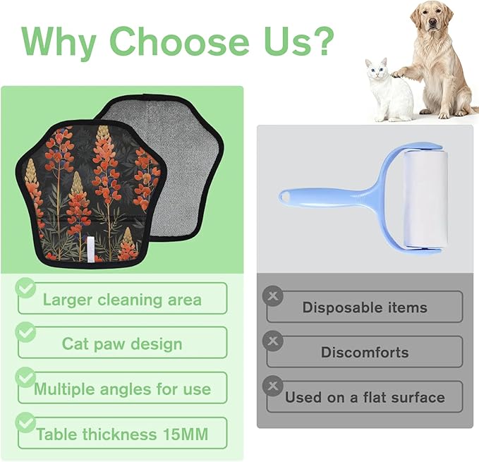 Wildflower Themed Electrostatic Pet Hair Removal Glove for Cats & Dogs - Reusable Grooming Mitt for Couch, Carpet, Car Seat & Laundry - Large 9x9 Inch