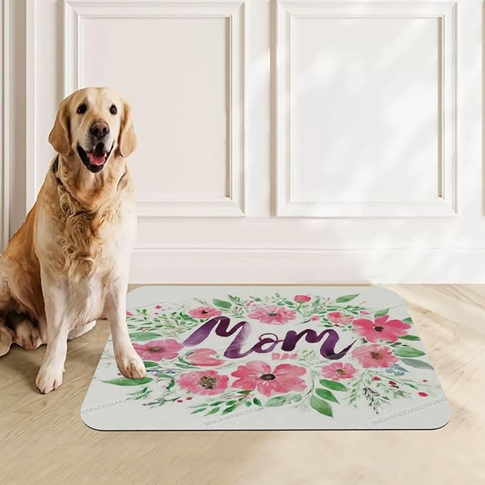 Dog Food Mat Watercolor Happy Mother's Day Floral Gift for Mom Li Absorbent Water Bowl Mats Cat Pet Feeding Placemats 24x16In