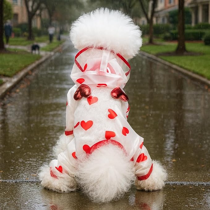 Waterproof Dog Raincoat,Full Coverage 4 Legs Dog Rain Jacket for Small Dogs,Pet Rain Coat with Hood,Reflective Strips&Leash Hole Outdoor Raincoat (Large（for Weight 8.8-11 lb）, Heart)