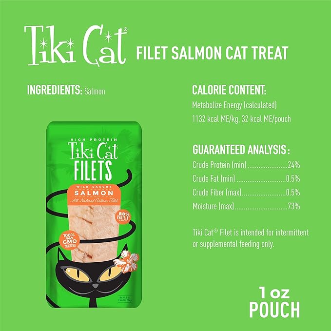 Tiki Cat Filet, All Natural Wild Caught Salmon, Single Ingredient High Moisture Non-GMO Wet Cat Food Topper, for All Life Stages, 1 oz. Pouch (Pack of 12)