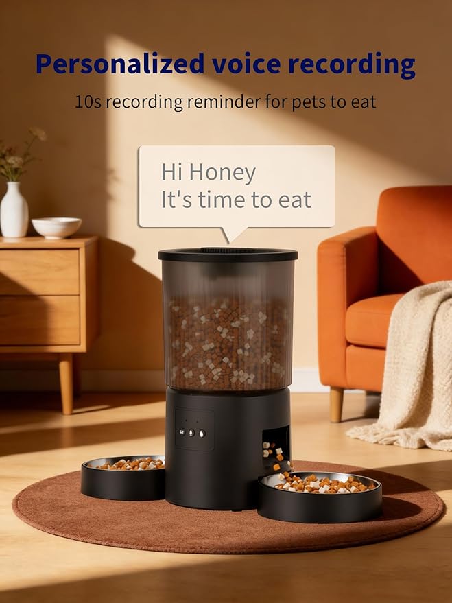 Automatic Cat Feeder, 2.4GHz WiFi Automatic Dog Food Dispenser, Fresh Protection, 4L Timer Feeder, Personalized Recording 10 Seconds, Easy to Clean, Stainless Steel Bowl (Double/Black)