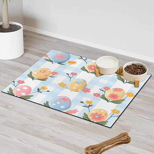 Happy Easter Dog Food Mat for Floors Absorbent Dog Bowl Mat for Food and Water Dispenser Quick Dry Cat Food Placemat Pet Supplies 17" x 30", Blue White Plaid