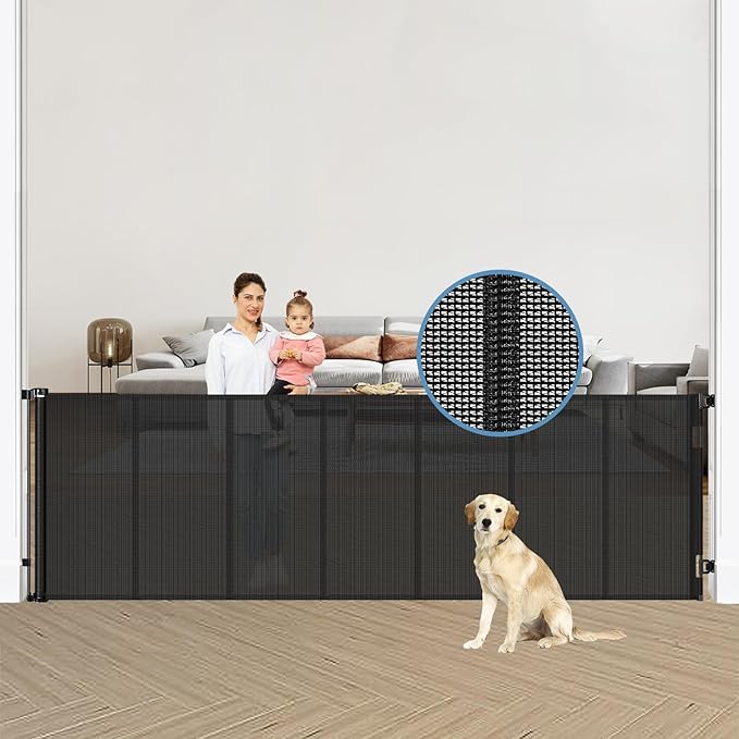 Reinforced 120 Inch Extra Wide Retractable Baby Gates with Support Rods, Upgrade Retractable Dog Gate to Prevent Bottom Crawling Through, 10 Ft Extra Long Mesh Gate Pet Gate for Large Openings, Black