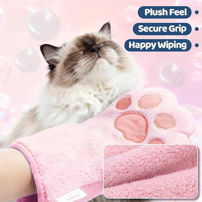 2PCS Concentrated Waterless Shampoo Essence with Pink Grooming Glove, No-Rinse & Lick-Safe Essence for Steam Brushes, Gentle Care for Cats/Kittens/Seniors, Manage Shedding & Freshness,0.34oz*2