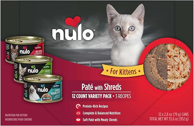 Nulo Paté with Shreds Variety Pack for Kittens, 2.8 oz can, Case of 12