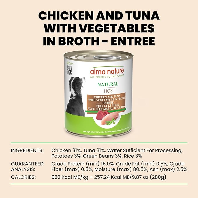 almo nature HQS Natural Chicken and Tuna Entree with Vegetables in Broth, Gluten Free, Additive Free, Adult Dog Canned Wet Food, Shredded 12 x 280g/9.87 oz