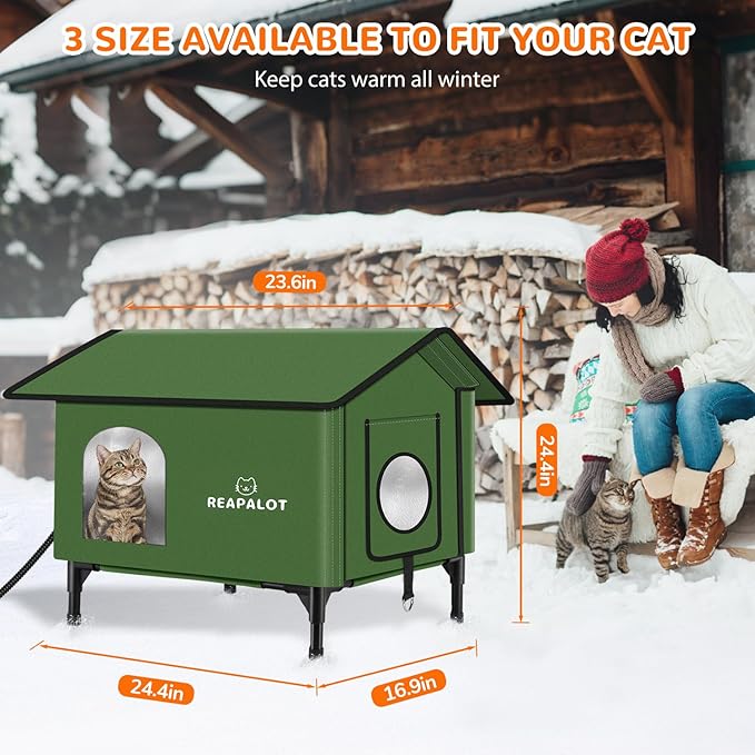 REAPALOT Heated Cat House for Outside Cat in Winter, Insulated Outdoor Feral Cat Shelter with Cat Heating Pad, Elevated Heated Kitty House for Multiple Cats (Green, L(24.4"x16.9"x24.4"))