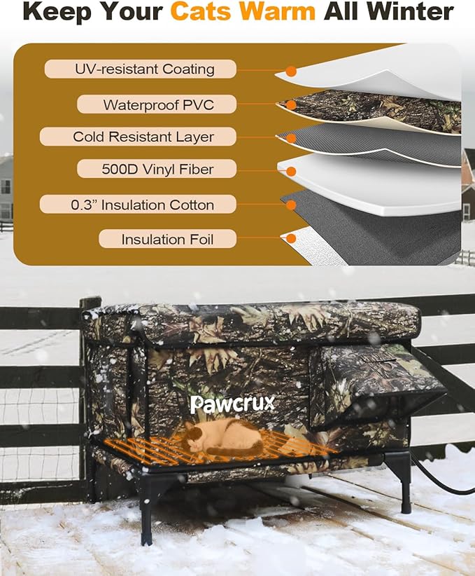 Weatherproof Heated Cat House for Outdoor in Winter, Heated Cat Bed Kitty Shelter with Cat Heating Pad, Insulated & Safe Escape Door, Warm House for Outside Stray Cat(Leaf Color, 17.7"x25.5"x17.9")