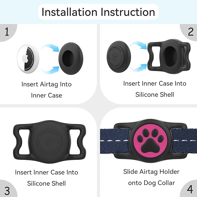 2-Pack Airtag Holder for Dog Collar, Waterproof Silicone Protective Case Cover, Anti-Lost Tracker Universal Fit for All Width Pet Collars(Black&Rose Red)