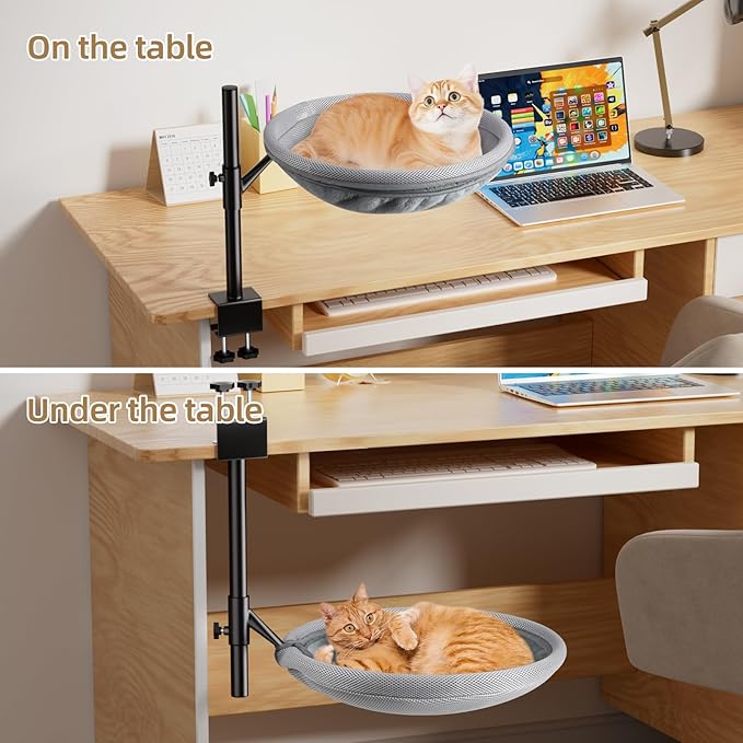 Cat Desk Bed, 360° Rotating Height-Adjustable Cat Hammock Desk, Home Office Pet Bed with Removable Washable Double-Sided Faux Rabbit Fur Mesh Pet Nest Bed