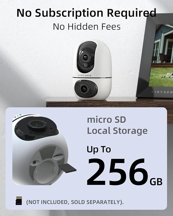 virtavo Indoor Pet & Baby Camera, No Subscription Required, Dual-Lens 360° PTZ, Motion Tracking, 2-Way Audio, Night Vision, Cloud/SD Storage, Phone App, WiFi, 4-Pack, Power Adapter Included