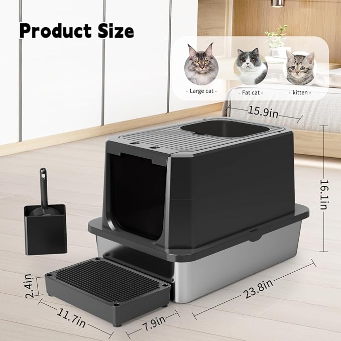 RIZZARI Enclosed Cat Litter Box: All Black Stainless Steel - Odor-Resistant & Easy Wipe Clean - Teflon Non-Stick Coating for Quick Cleaning - Large Top-Exit Pan for Modern Homes Garage
