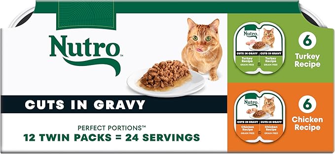 Nutro Perfect Portions Wet Cat Food Gravy Cuts Variety Pack, Cat Food Wet Recipe, Turkey or Chicken Recipe, 2.6 oz. Twin-Pack Trays, 12 Pack