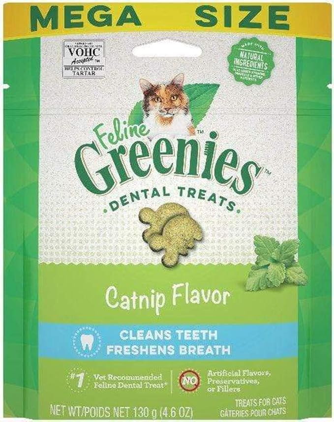Greenies Cat Treats, Feline Veterinarian-Recommended Adult Natural Dental Treats, Catnip Flavor, 4.6 oz. Pouch