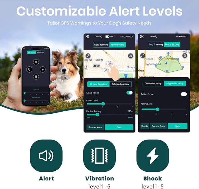 GPS Wireless Dog Fence with Free App, Electric Fence System with Training Collar, Portable Fence for Outdoor Use, Rechargeable Waterproof, Adjustable Pet Containment System for Outdoor Use