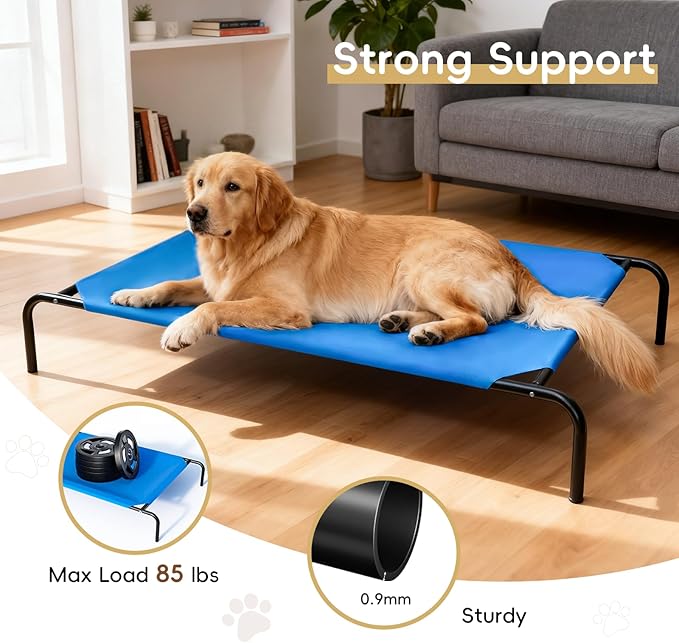 Elevated Dog Bed for Large Dogs, Washable Raised Cot with Skid-Resistant Feet, Waterproof Cooling Dog Beds with Oxford Cloth, Indoor/Outdoor Use, Blue 50in