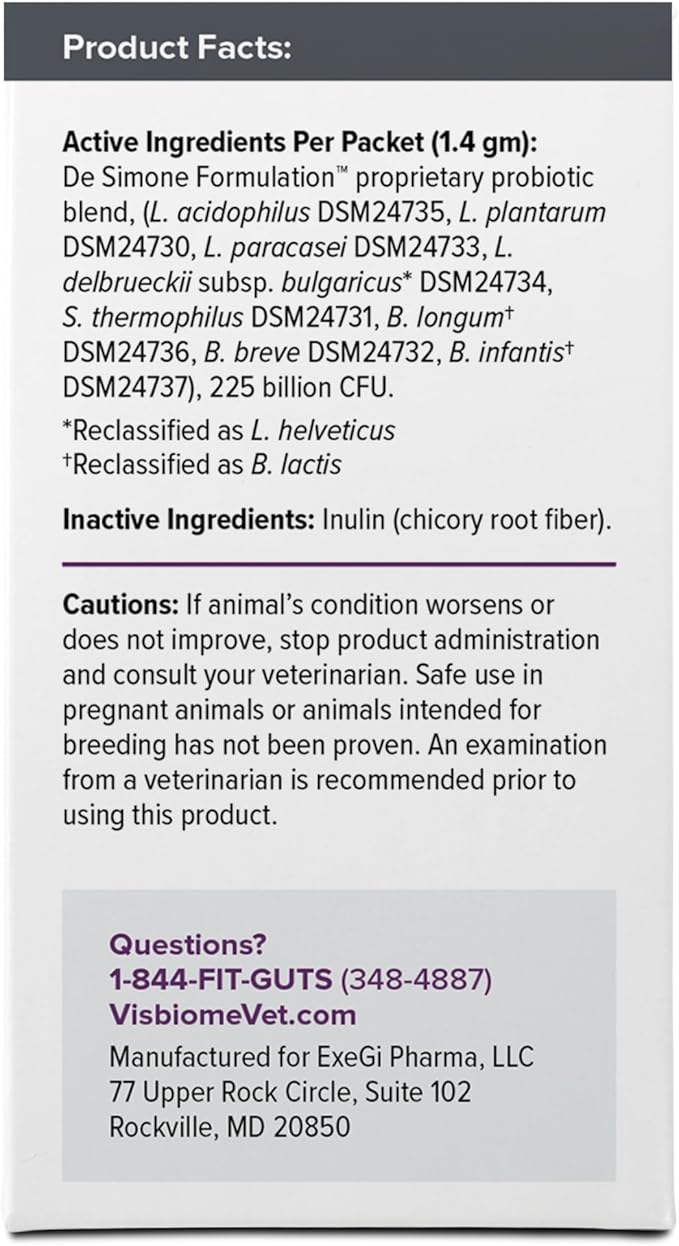 Visbiome® Vet Advanced GI Care High Potency Probiotic for Dogs & Cats – 225B CFU, 8-Strain Formula – Refrigerated, Veterinarian Recommended, Clean Label Certified – 30 Packets