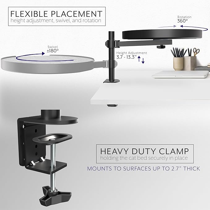 Life Finds Clamp-on Round Cat Bed for Home Office Desk, Height Adjustable Circular Kitty Perch with Full Rotation, Holds 44 lbs, Black, LF-CCB1