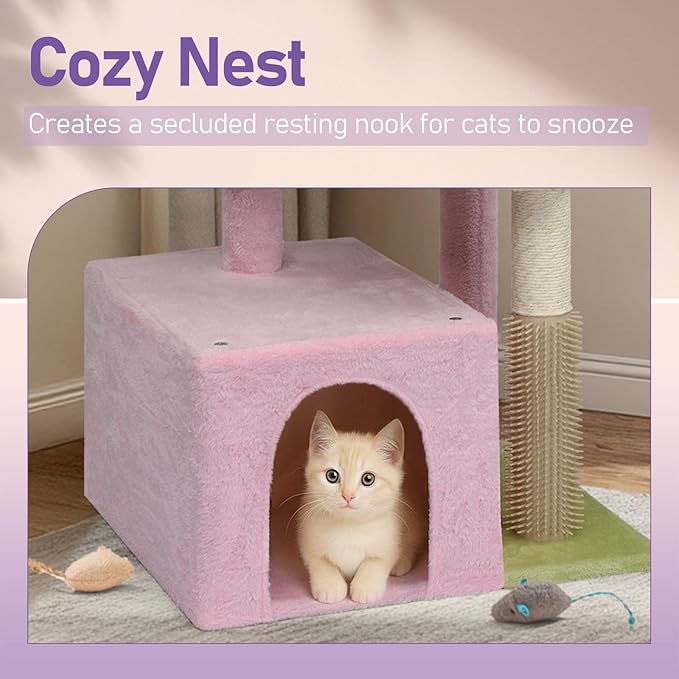 27.5in Plush Cat Tree, Multi-Level Cat Tower with Scratching Post and Pad, Cozy Condo & Padded Perch, Dangling Ball for Kittens and Indoor Cats, Compact Cat Furniture for Small Spaces (Pink & Green)