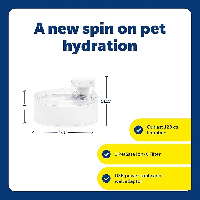 PetSafe Outlast Cat Fountain - Encourages Healthy Hydration - Pump-Free Design with HydroSpin Technology - Automatic Pet Water Bowl - Dishwasher-Safe - Long-Lasting - 128 oz