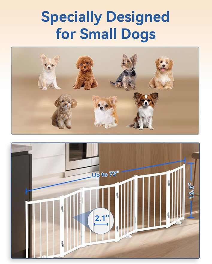 BFNN Free Standing Foldable Dog Gate, 16.5" High Step-Over Metal Short Pet Gate, Up to 72" Wide Puppy Fence for Stairs and Doorways, Indoor & Outdoor Use, No Drilling and No Assembly, White