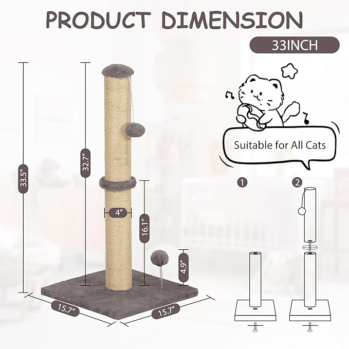 22 Inch Cat Scratching Post Cat Scratcher, Natural Sisal Rope Scratch Post Trees with Hanging Ball for Indoor Kittens