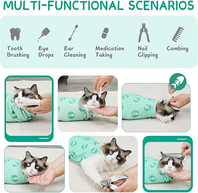 Cat Wrap for Cutting Nails, Self-Adhesive for Grooming, Anti-Scratch Cat Swaddle Wrap for Medicine, Nail Clipping, Teeth Brushing, Ear Cleaning
