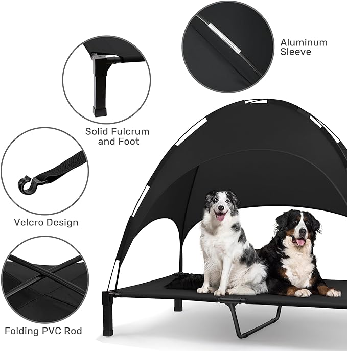 Heeyoo Elevated Dog Bed with Canopy, Portable Dog Cot with Removable Shade Tent, Outdoor Raised Pet Cot Cooling Bed for Dogs