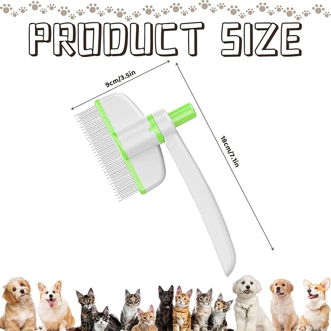 Pet Hair Removal Comb, 2025 Upgraded One Click Self Cleaning Grooming Brush, Cat Brush Comb with Non slip Handle for Short & Long Hair, Pet Grooming Supplies for Cats & Dogs Massaging (green+yellow)
