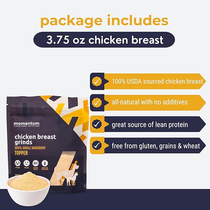 Momentum Carnivore Nutrition Freeze-Dried Chicken Breast Pet Food Topper – Single-Ingredient, All-Natural Topper – High-Protein for Dogs and Cats, Grain-Free and Made in The USA– (3.75 oz Bag)