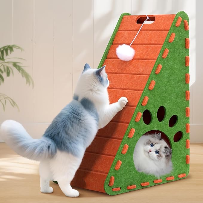 Cat Scratcher, Triangle Felt Cat Scratcher(Cat House), Vertical Integrated 3 in 1 Ramp Vertical Felt Cat Board(Green Orange)