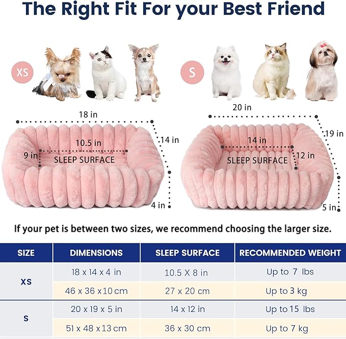 Pink Doggie Beds for Extra Small Dogs Washable,Rectangle Tiny Pet Bed With Sides for Puppy and Kitten,Soft Plush Calming Couch Sofa,Comfy Fluffy Cute Cat Beds for Indoor Cats,Anti-Slip,18x14x4 Inches